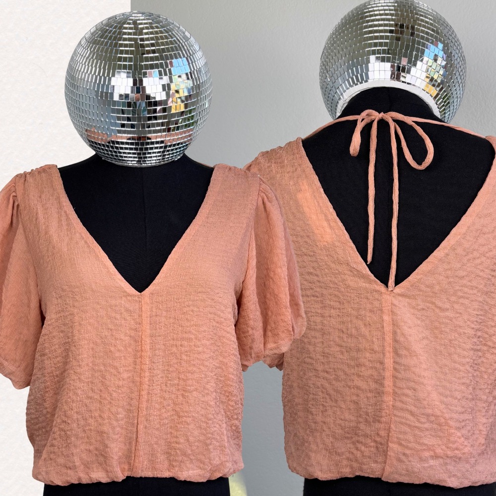 ASTR the Label | Dusty Rose V-Neck Puff Sleeve Tie Back Blouse XS, Romantic Airy